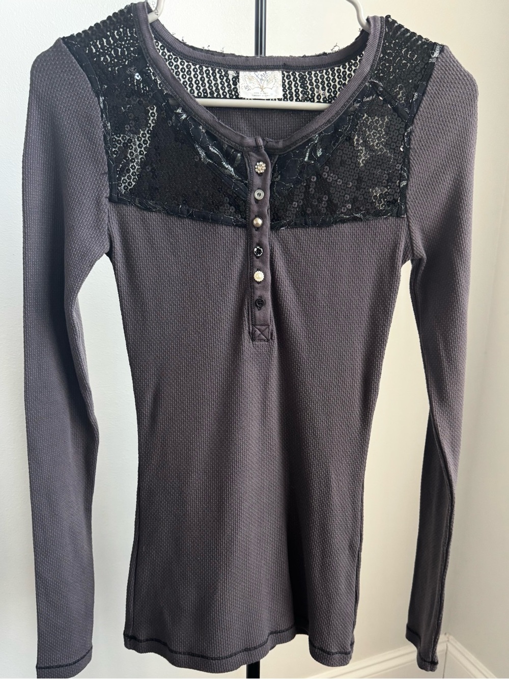 Free People Sequin Lace Mixed-Media Thermal Henley XS